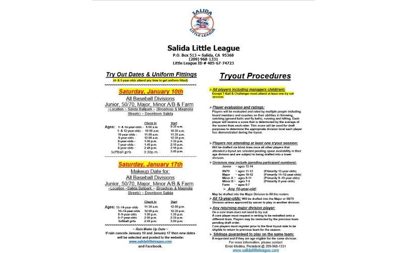2026 Salida Little League Tryouts 